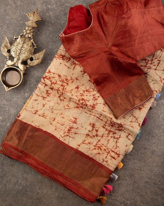Pure Tassar Hand Batik Block Print Saree mayukhasarees