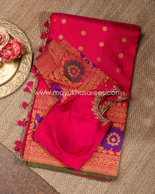 Red And Multi-Colored Gadwal Silk Saree With Stitched Blouse mayukhasarees