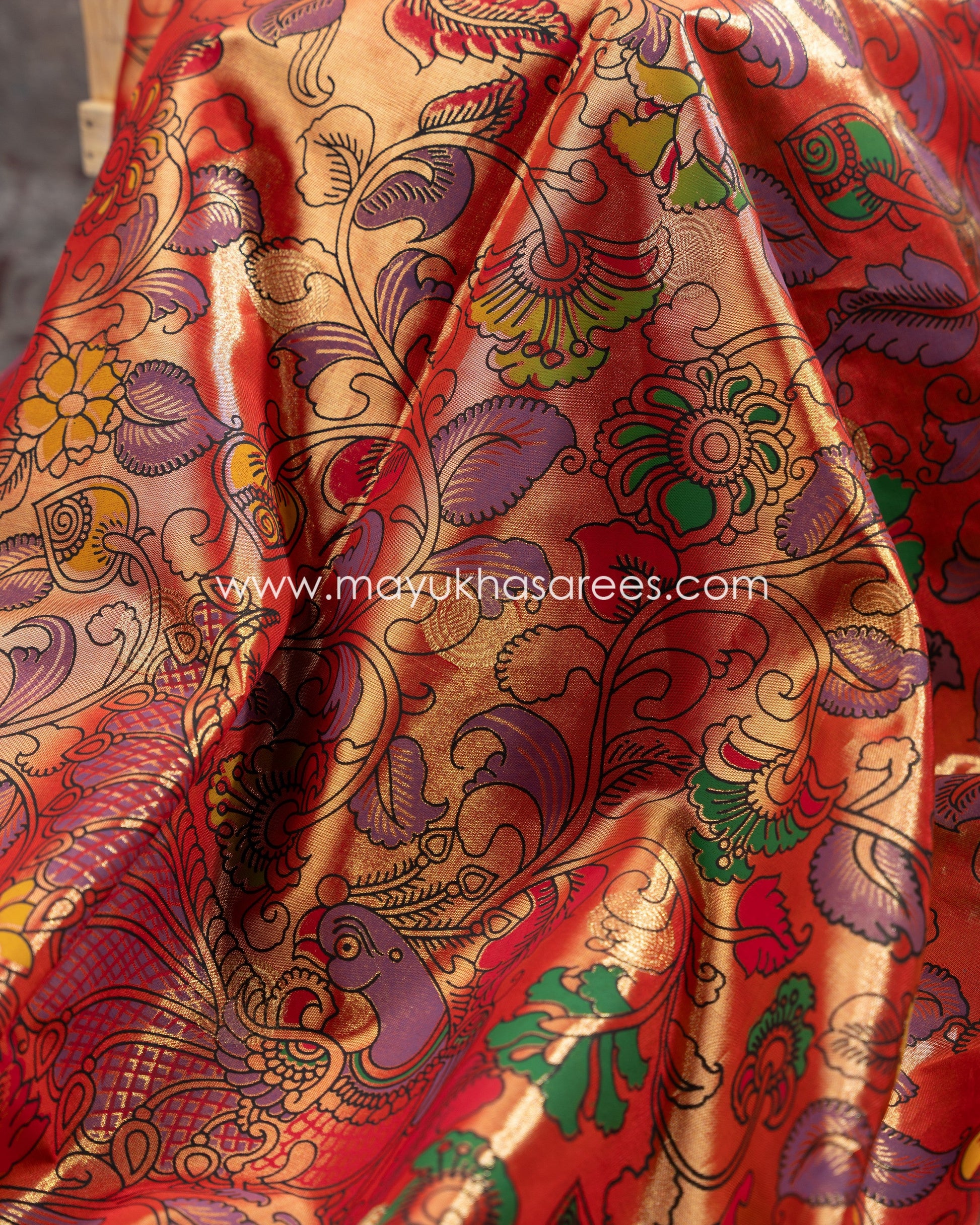 Rose-Gold And Red Kanchipuram Kalamkari Silk Saree With Stitched Blouse mayukhasarees
