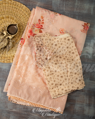 Satin Georgette Pastel Pink Saree With Stitched Blouse In Size 38-44 mayukhasarees