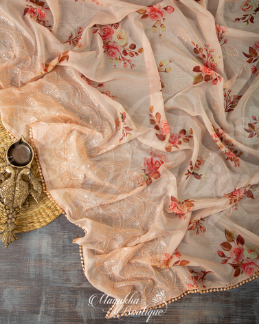 Satin Georgette Pastel Pink Saree With Stitched Blouse In Size 38-44 mayukhasarees