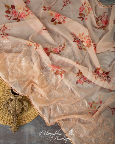 Satin Georgette Pastel Pink Saree With Stitched Blouse In Size 38-44 mayukhasarees