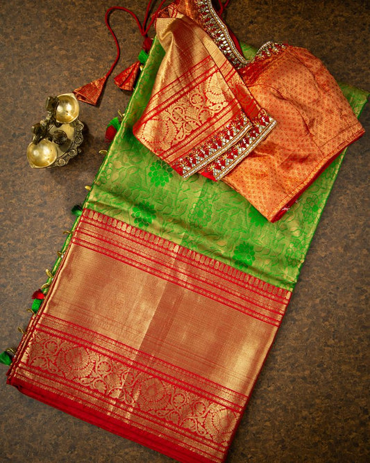 Tissue Green Kanchipuram Koravai With Red Borders mayukhasarees