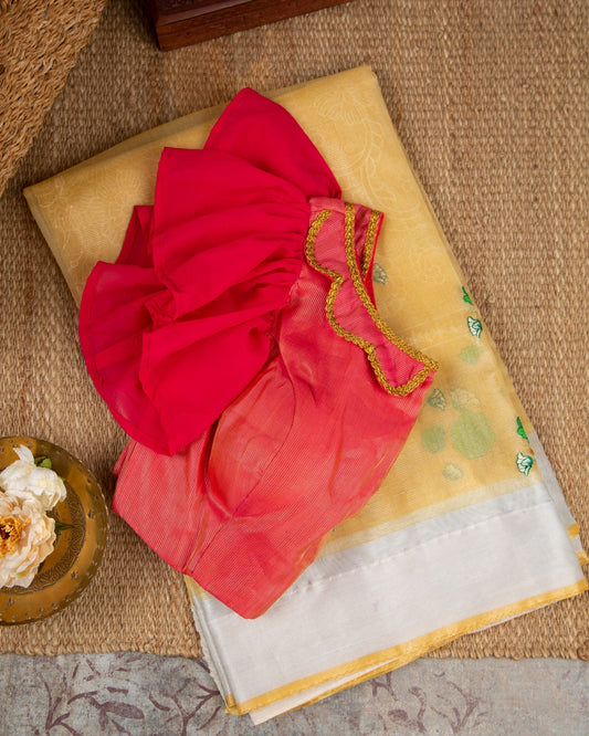 Tissue Linen Mustard With Red Sunshine Saree With Stitched Blouse In Size 38-44 mayukhasarees