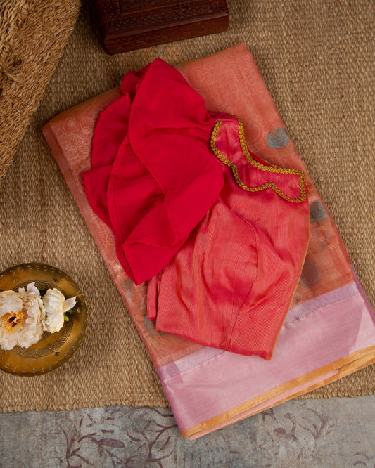 Tissue Linen Pink With Red Sweet Elegance Saree With Stitched Blouse In Size 38-44 mayukhasarees