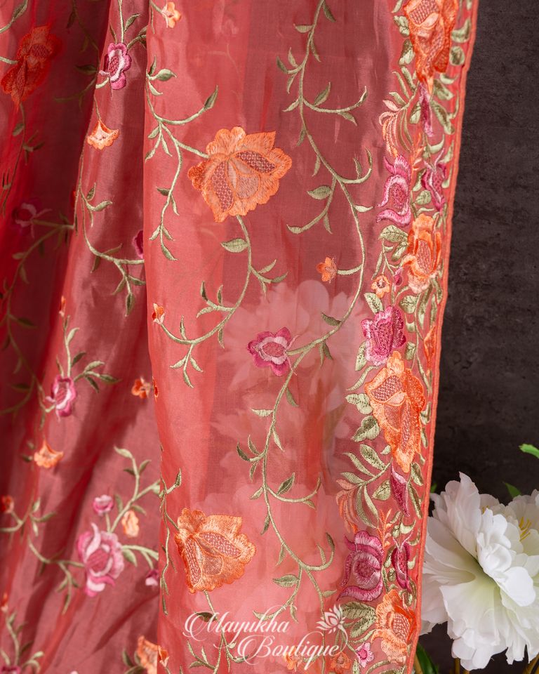 Warm Peach Fusion Fabric Chiffon Organza With Parsi Work mayukhasarees