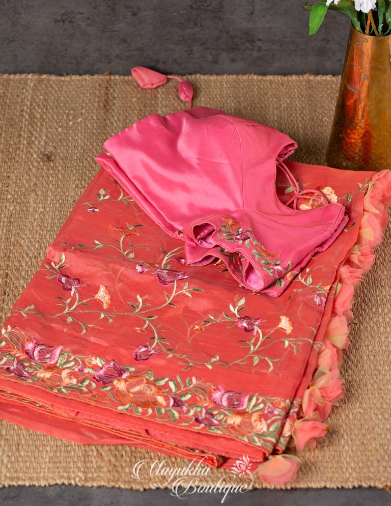 Warm Peach Fusion Fabric Chiffon Organza With Parsi Work mayukhasarees