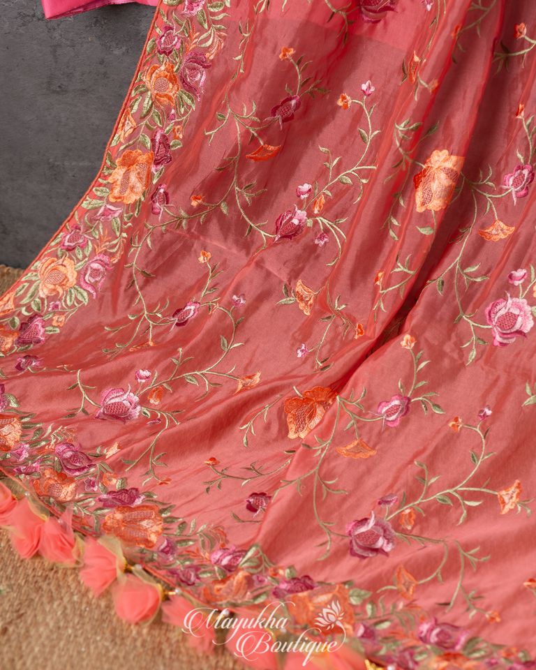 Warm Peach Fusion Fabric Chiffon Organza With Parsi Work mayukhasarees