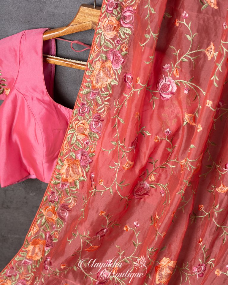 Warm Peach Fusion Fabric Chiffon Organza With Parsi Work mayukhasarees