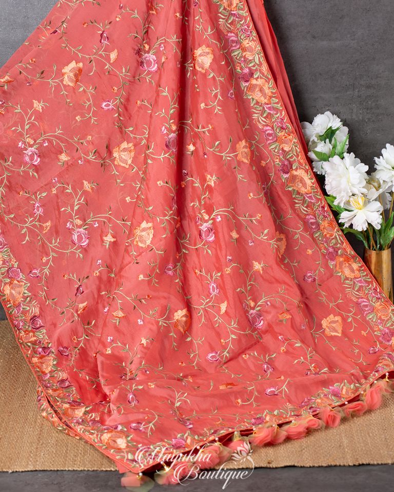 Warm Peach Fusion Fabric Chiffon Organza With Parsi Work mayukhasarees