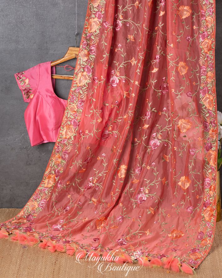 Warm Peach Fusion Fabric Chiffon Organza With Parsi Work mayukhasarees