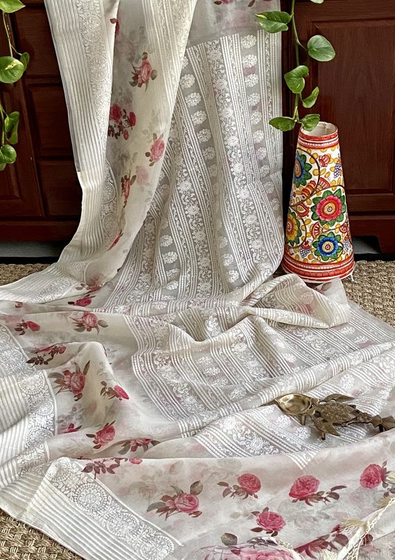 White Kora Floral Print Silk Saree With Chikankari Work mayukhasarees