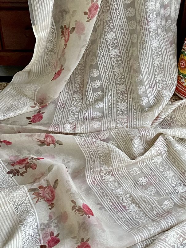 White Kora Floral Print Silk Saree With Chikankari Work mayukhasarees