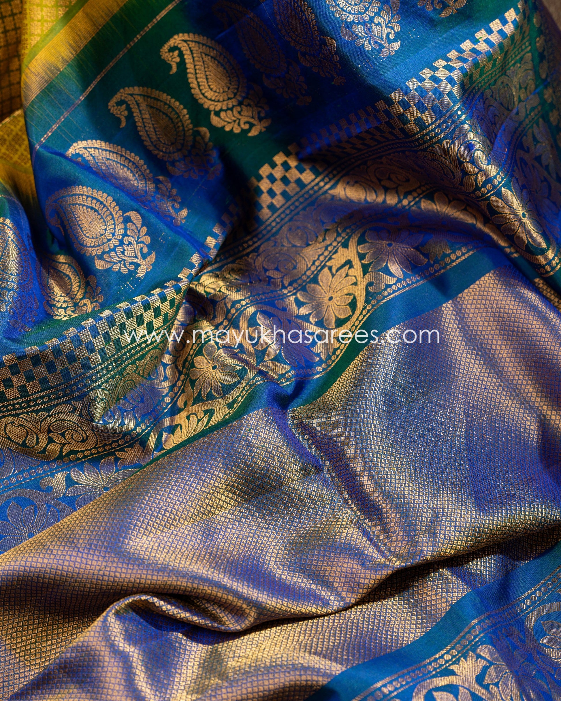 Yellow And Blue Gadwal Brovade Silk Saree With Stitched Blouse mayukhasarees