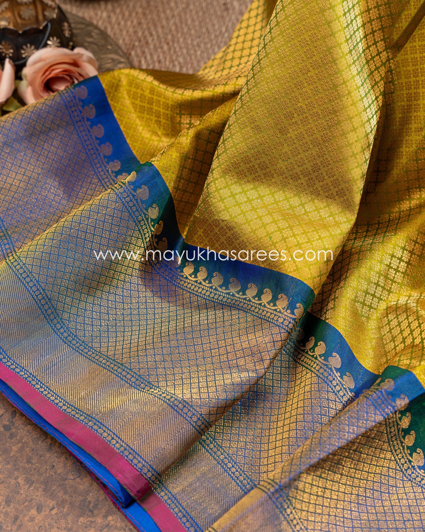 Yellow And Blue Gadwal Brovade Silk Saree With Stitched Blouse mayukhasarees