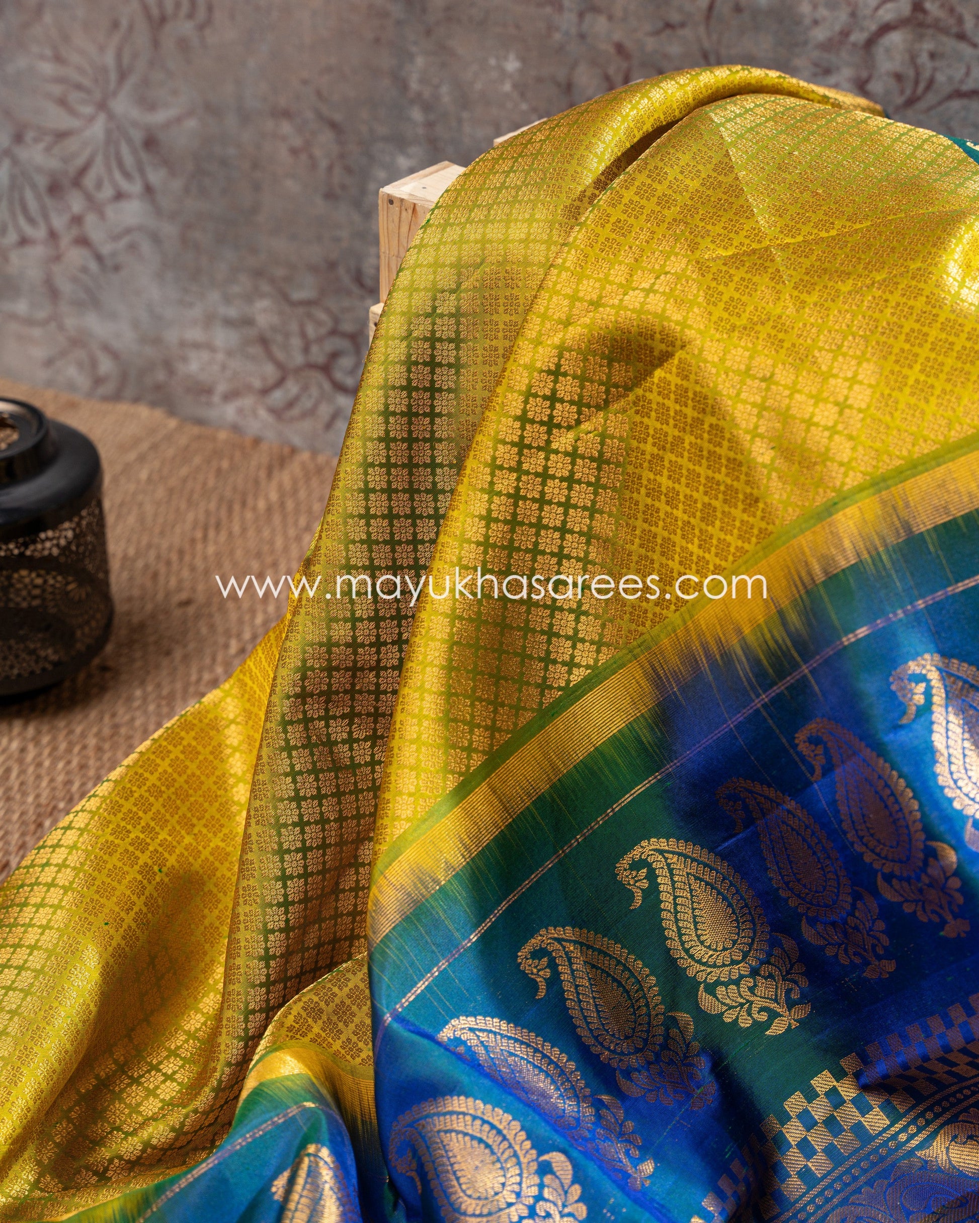 Yellow And Blue Gadwal Brovade Silk Saree With Stitched Blouse mayukhasarees