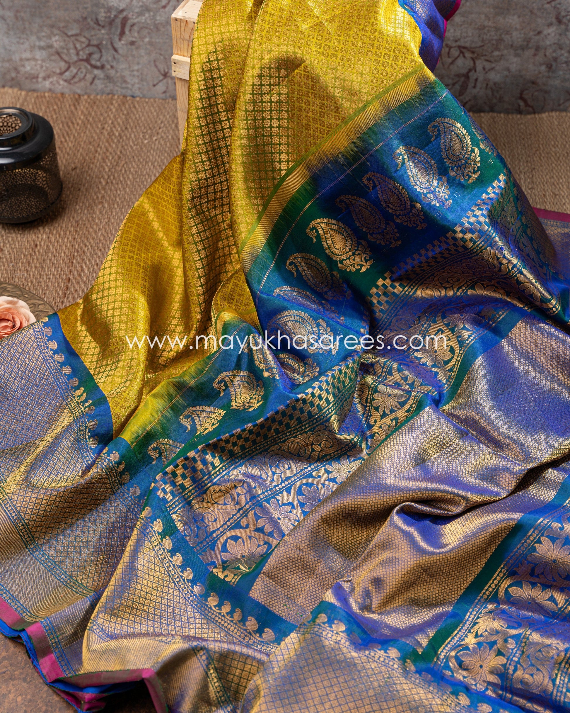 Yellow And Blue Gadwal Brovade Silk Saree With Stitched Blouse mayukhasarees