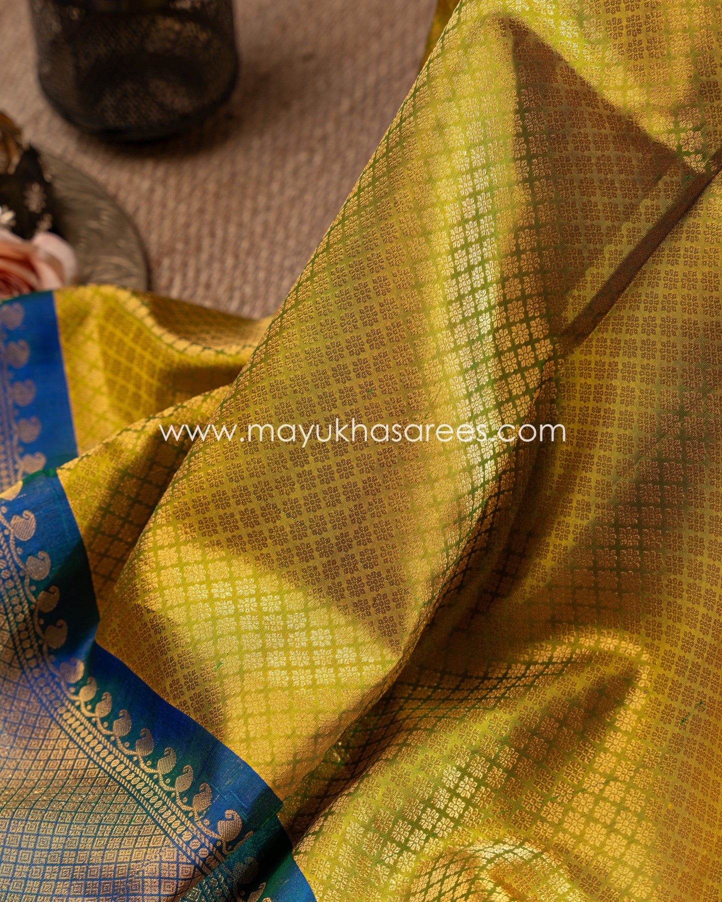 Yellow And Blue Gadwal Brovade Silk Saree With Stitched Blouse mayukhasarees