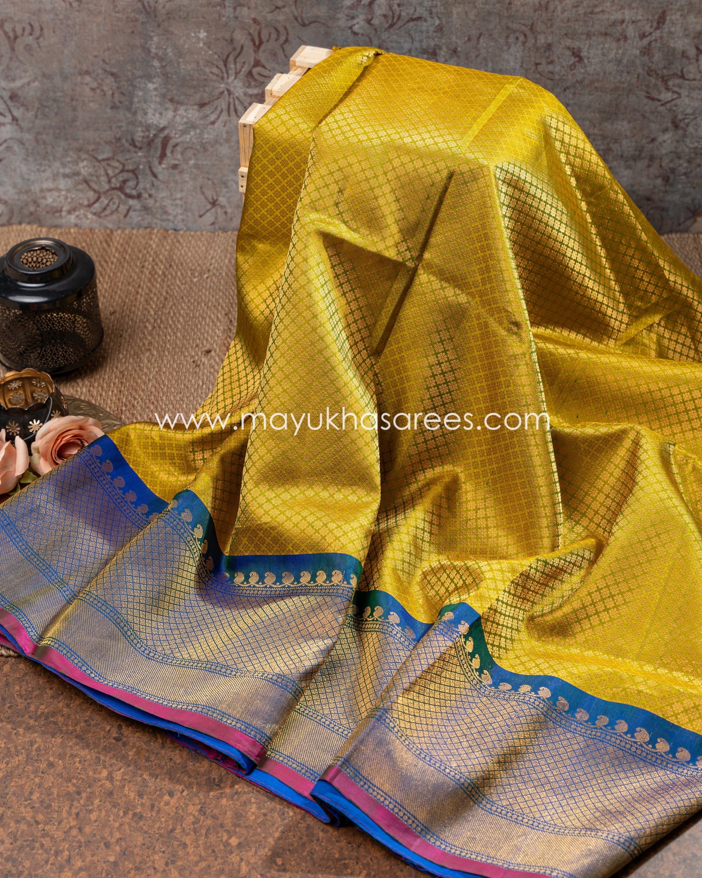 Yellow And Blue Gadwal Brovade Silk Saree With Stitched Blouse mayukhasarees