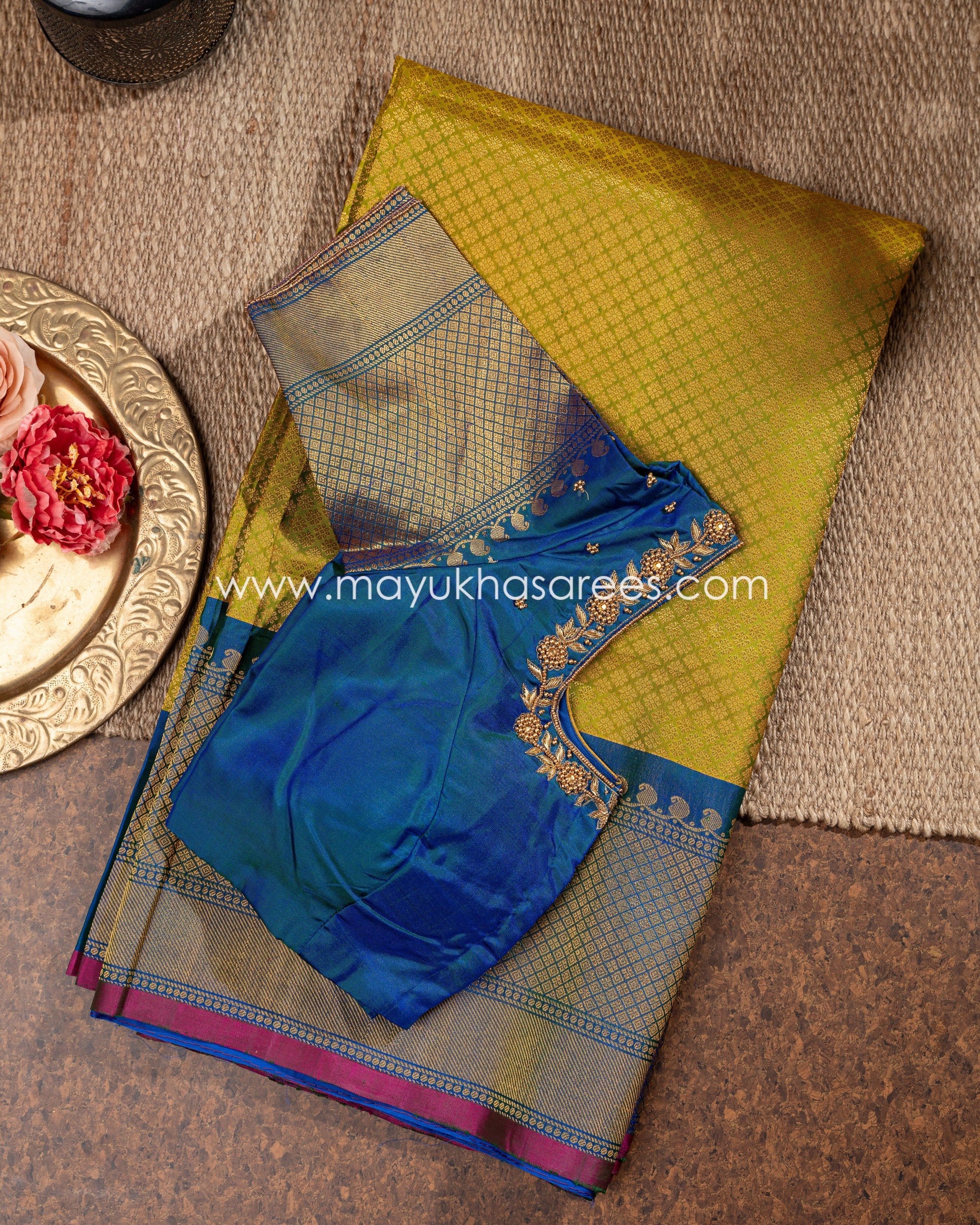 Yellow And Blue Gadwal Brovade Silk Saree With Stitched Blouse mayukhasarees