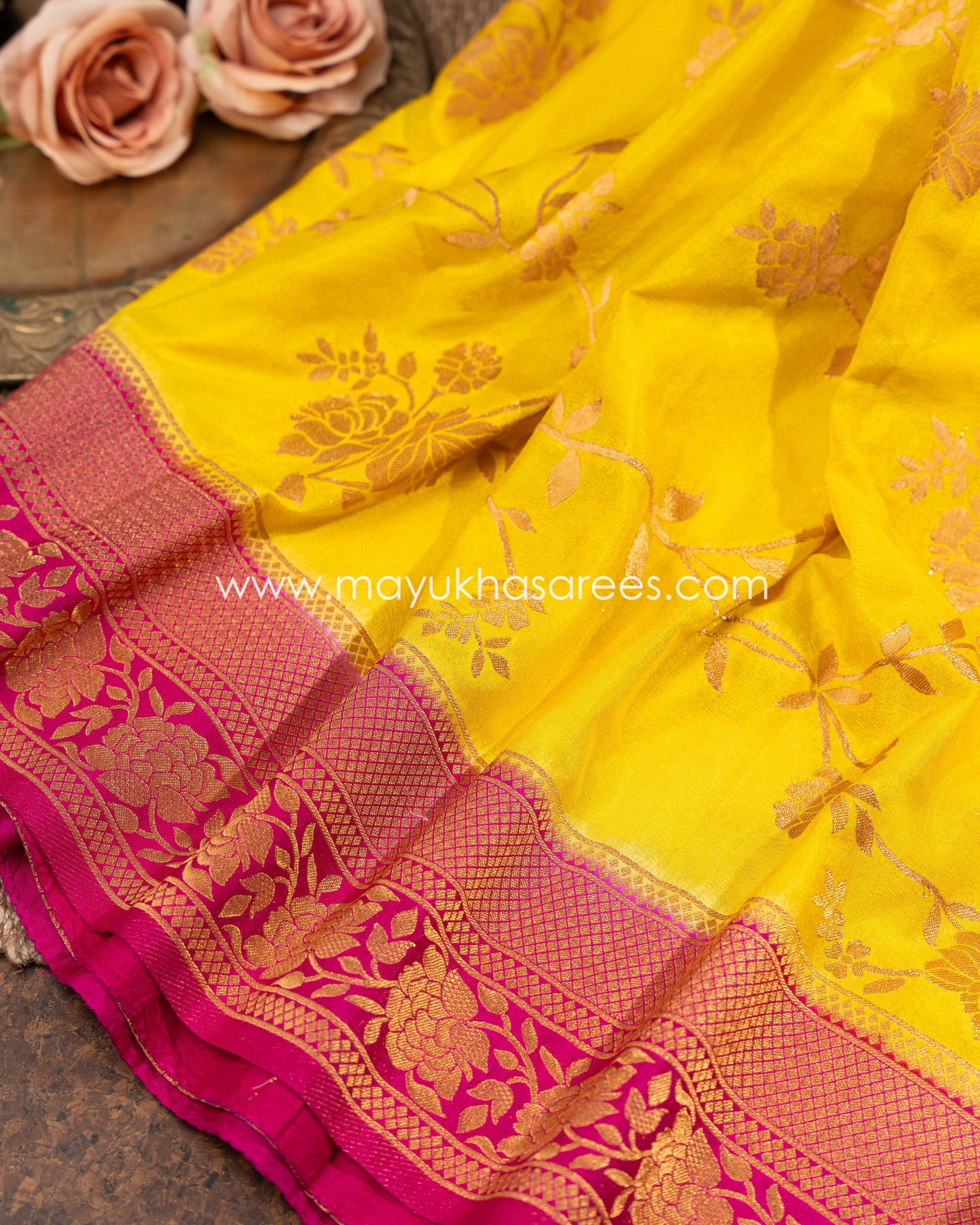 Yellow Banarasi Munga Silk Saree With Stitched Blouse mayukhasarees