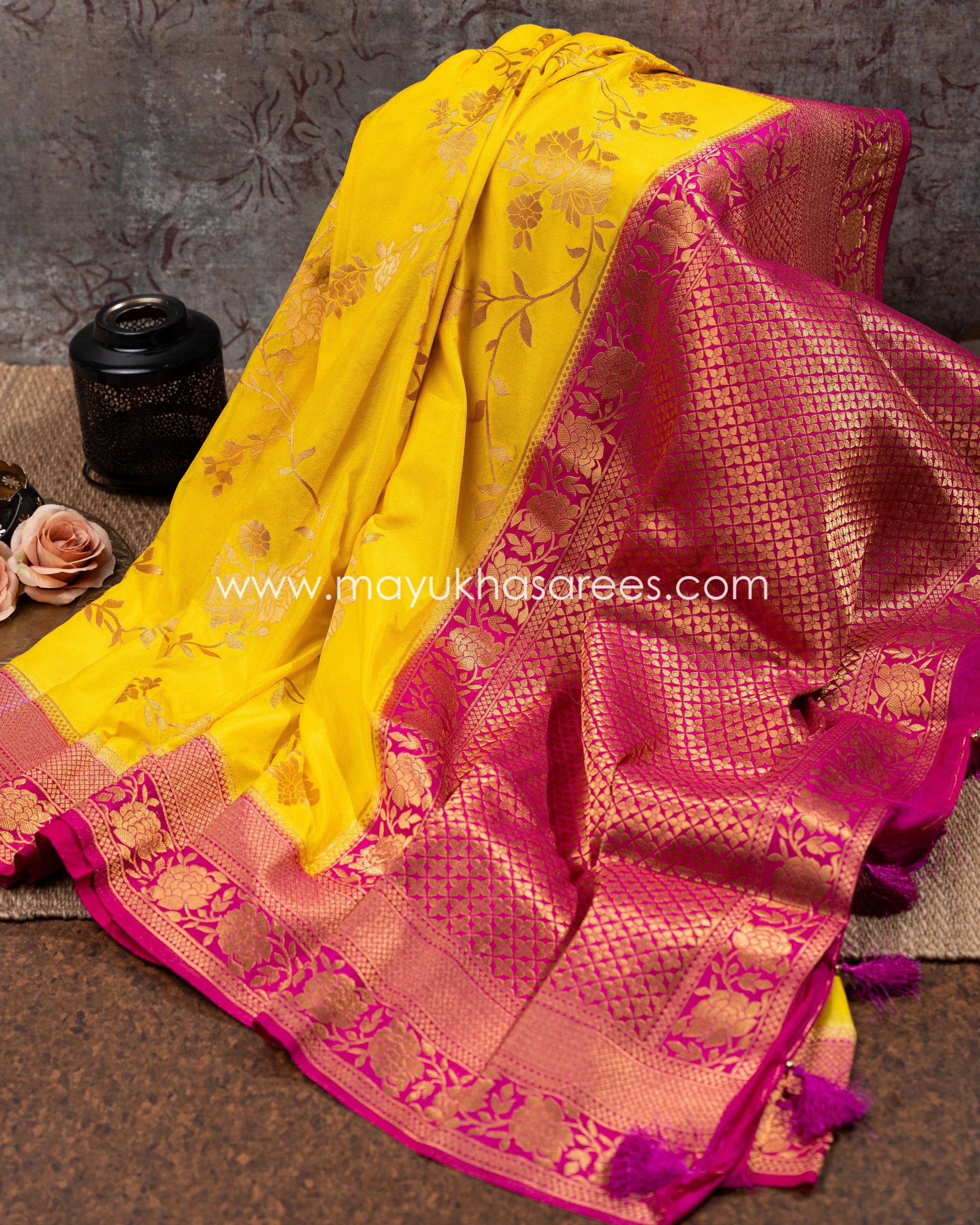 Yellow Banarasi Munga Silk Saree With Stitched Blouse mayukhasarees