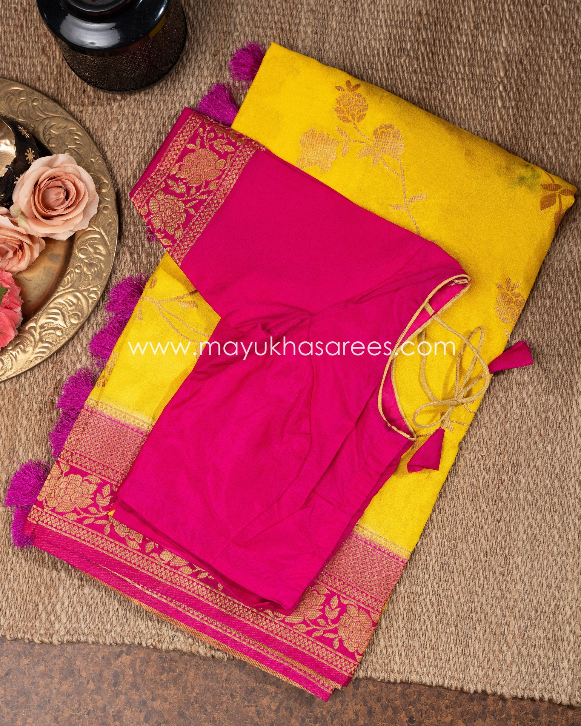 Yellow Banarasi Munga Silk Saree With Stitched Blouse mayukhasarees