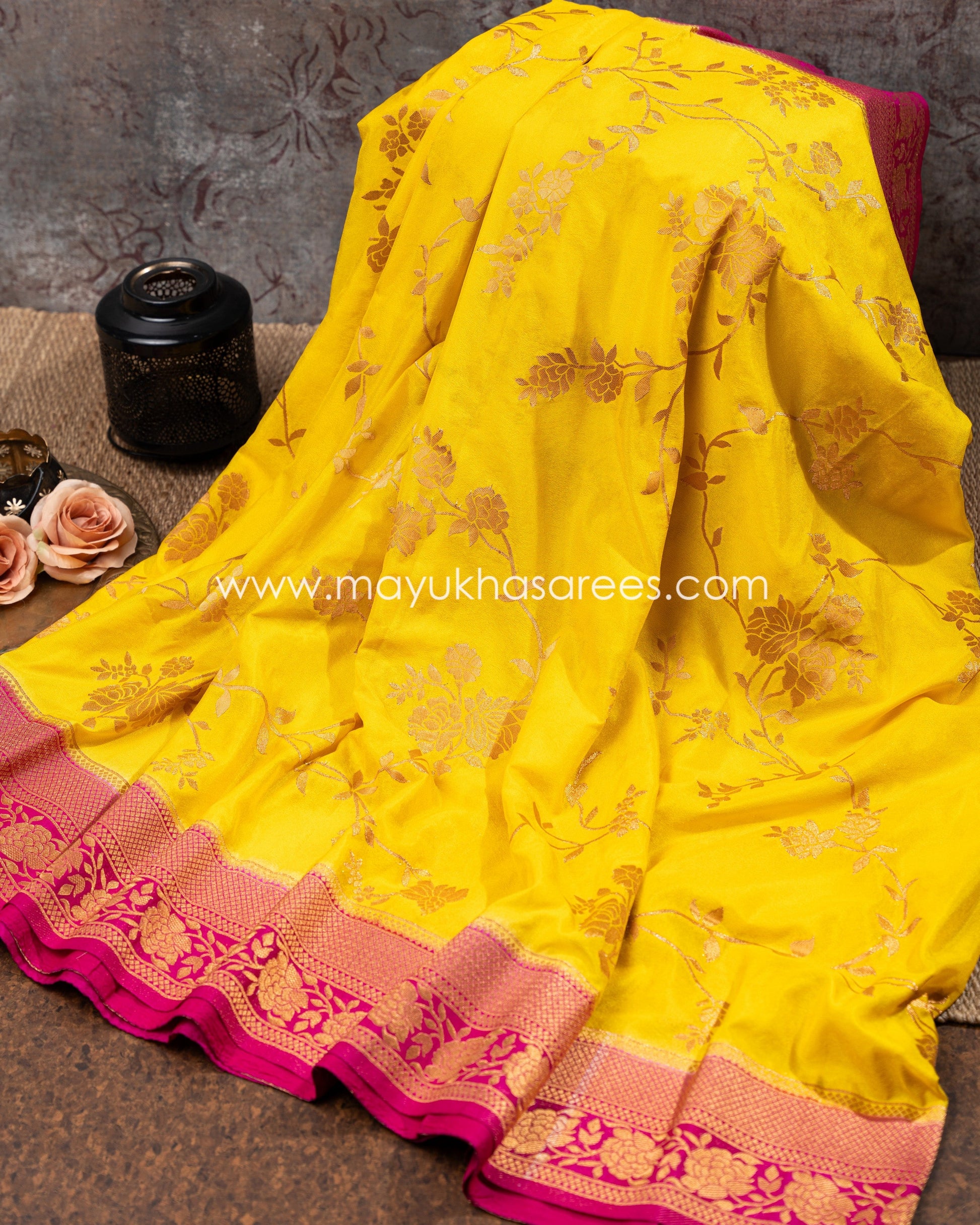 Yellow Banarasi Munga Silk Saree With Stitched Blouse mayukhasarees