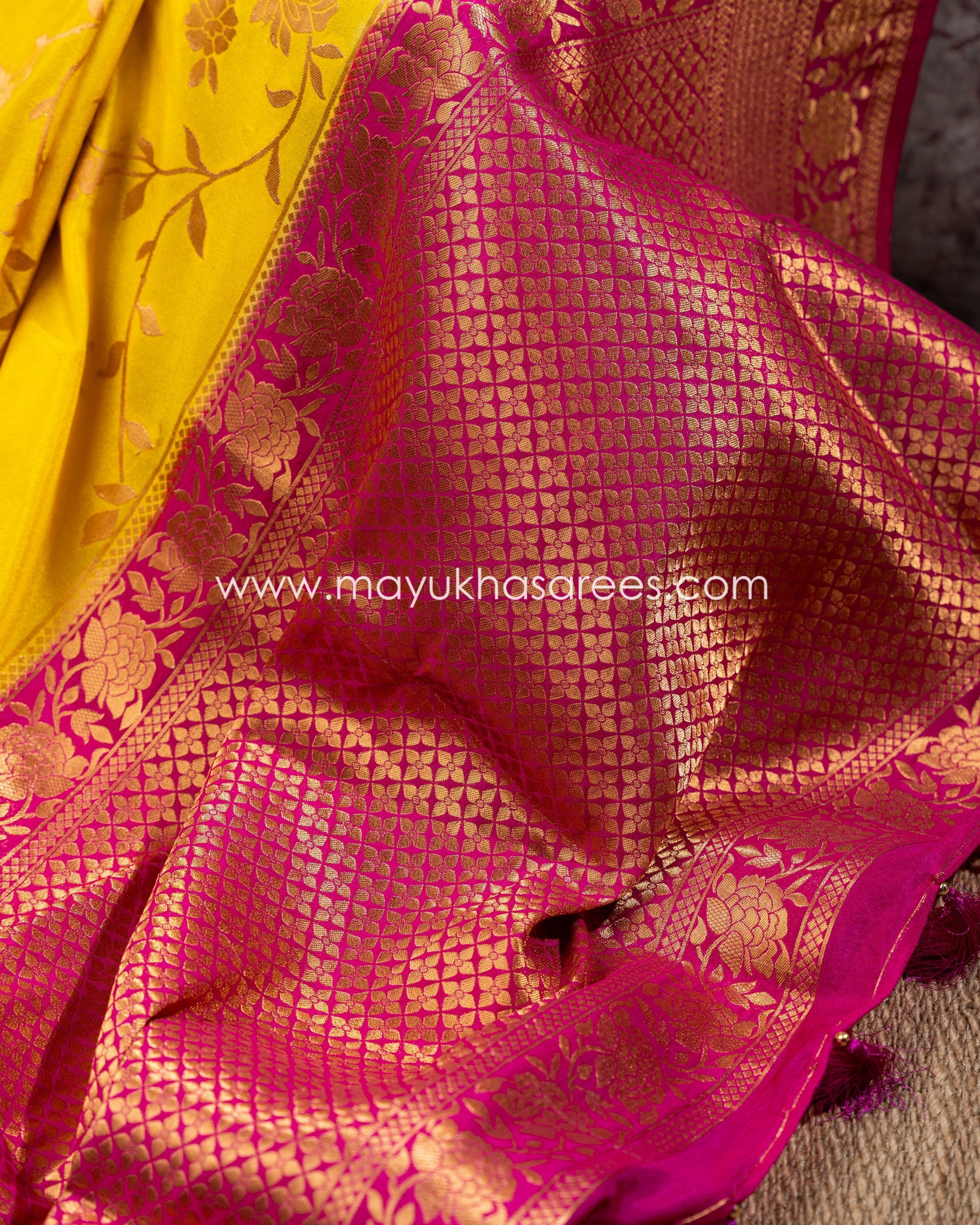 Yellow Banarasi Munga Silk Saree With Stitched Blouse mayukhasarees